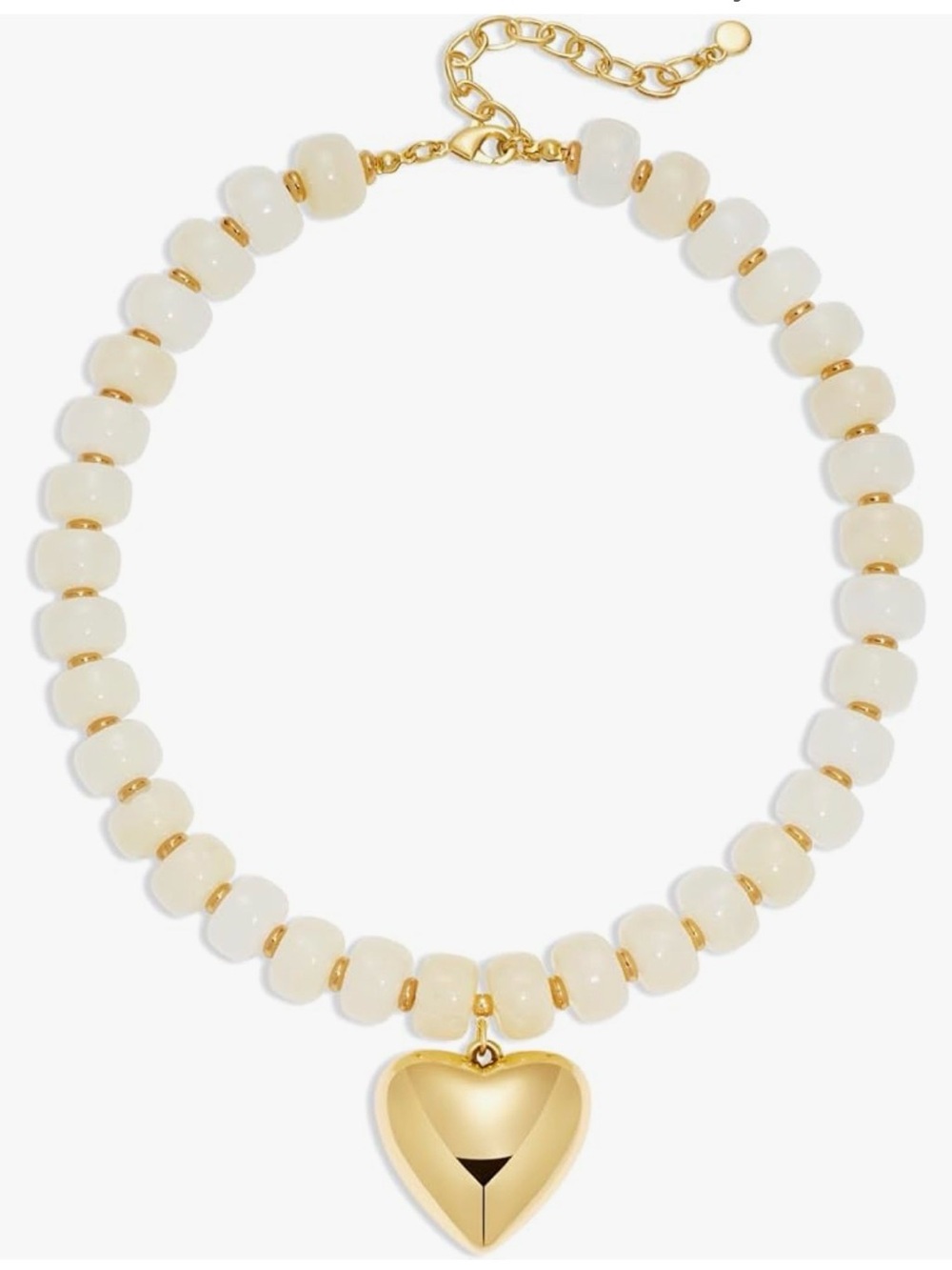Cream White Beaded Necklace with Gold Heart Pendant